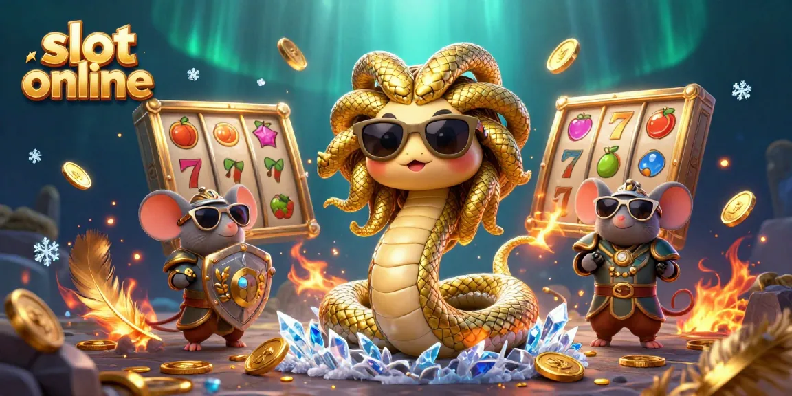 Mainkan slot online dengan Medusa lucu dan karakter menarik di latar belakang kasino yang penuh warna.