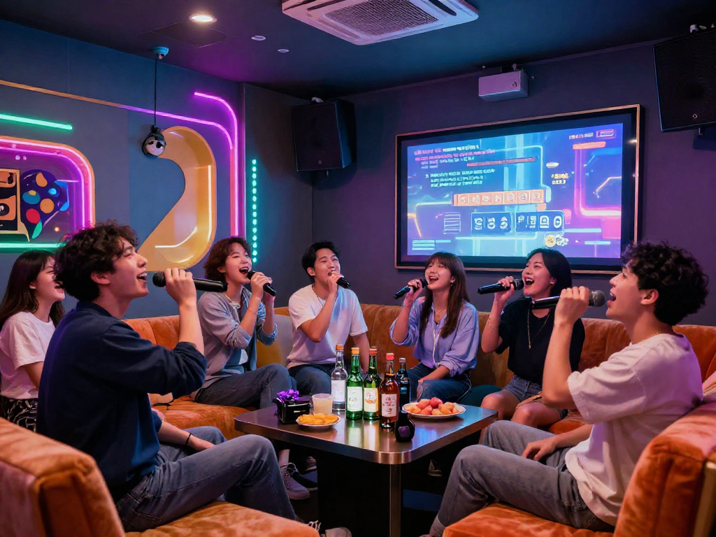 달토 가라오케에서 친구들과 함께 노래를 부르는 즐거운 모습이 조명을 비추며 생생하게 표현된 이미지