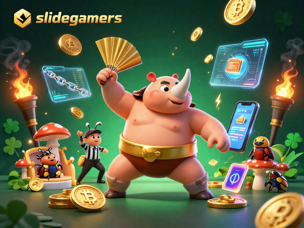 Engage with slidegamers as a cartoon rhinoceros beetle champion wins coins in a dynamic casino scene.