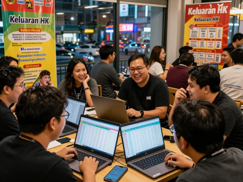 Keluaran HK enthusiasts engaging with data at a vibrant togel community event, showcasing excitement and camaraderie.