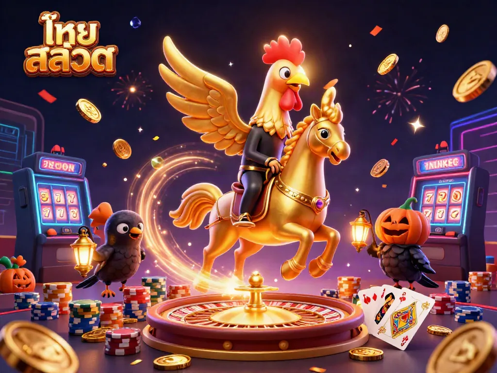 Immerse in the thrill of ไทย สล็อต with a golden rooster, headless horseman, and crow companions in a vibrant casino setting.