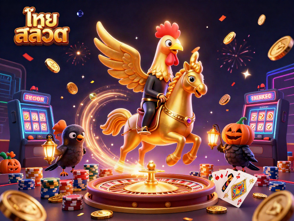 Immerse in the thrill of ไทย สล็อต with a golden rooster, headless horseman, and crow companions in a vibrant casino setting.