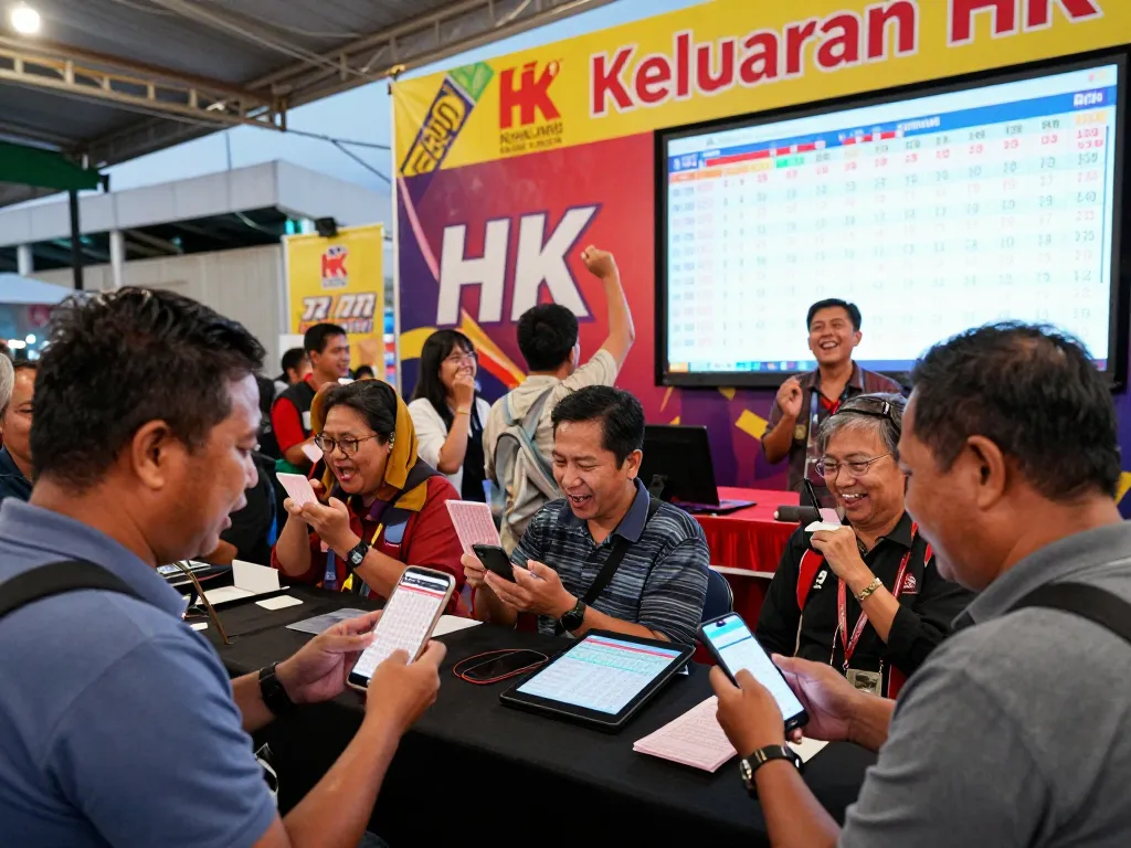 Keluaran HK live draw event with engaged players celebrating their results in a vibrant outdoor setting.