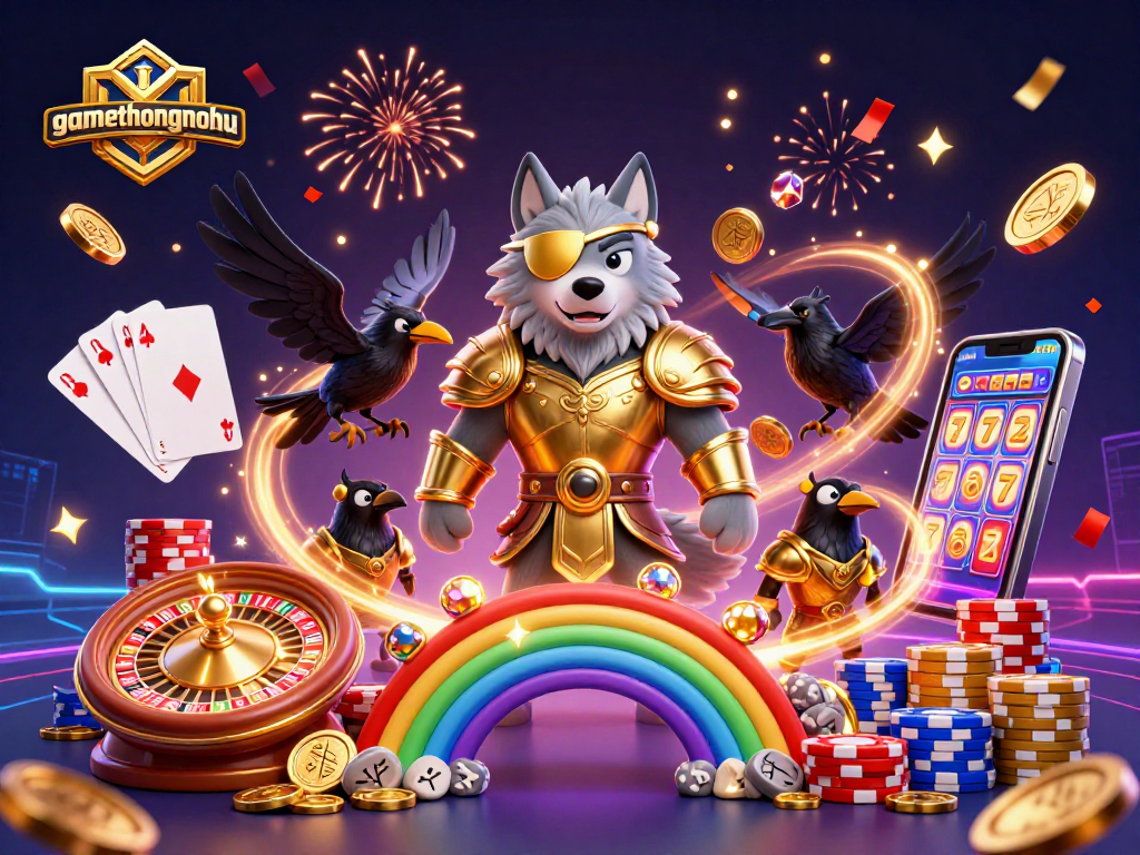 gamethuongnohu celebrates winnings with Odin wolf and ravens amidst vibrant casino elements
