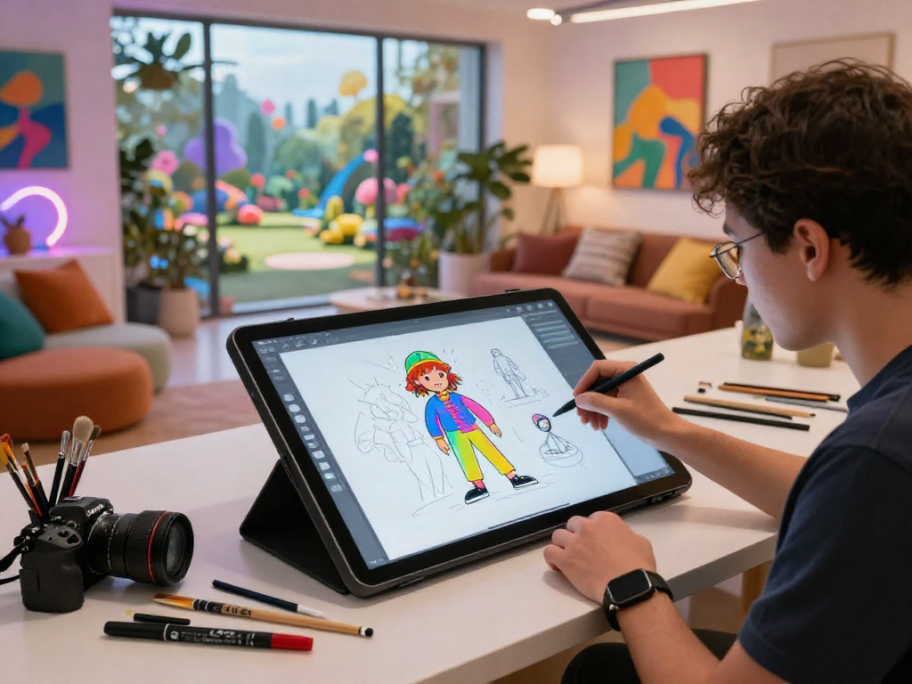 Dynamic digital artist creating character ai nsfw artwork in vibrant studio