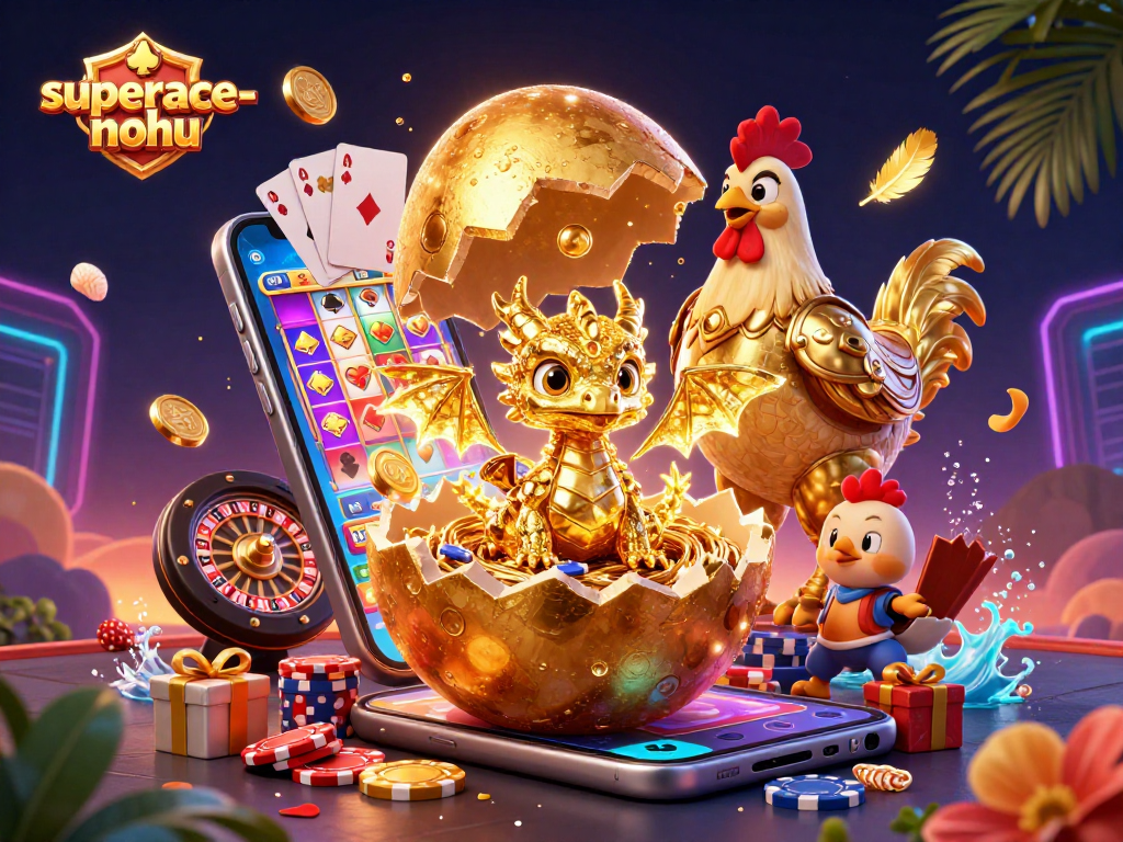 Experience the thrill of superace-nohu as a lucky baby dragon emerges from golden chips amidst vibrant casino elements.