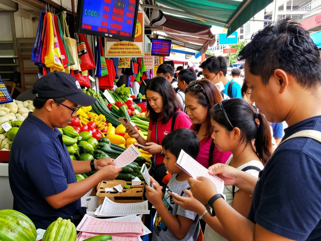 Keluaran HK excitement as people check lottery results at a colorful urban market.