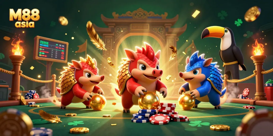 Engage in thrilling games at M88 asia with rival pangolins rolling through poker chips in 3D excitement.