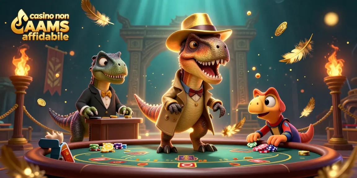 Giocare in un casinò non AAMS affidabile con un velociraptor e un pit boss stegosaurus in un'illustrazione vivace.