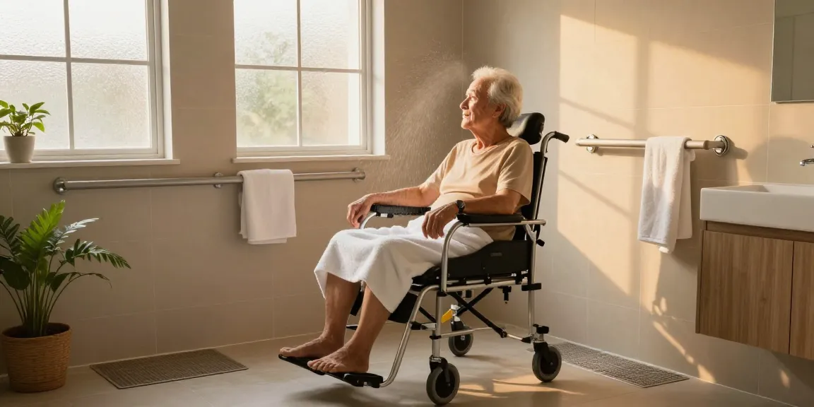 Senior using a comfortable 沐浴椅 in a serene bathroom setting, emphasizing safety and relaxation.