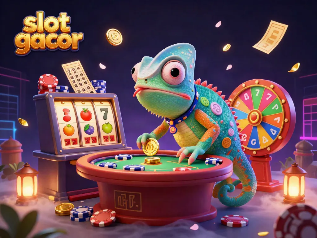 Engaging 3D illustration showcasing the slot gacor universe with a colorful chameleon casino owner surrounded by vibrant slots and elements.