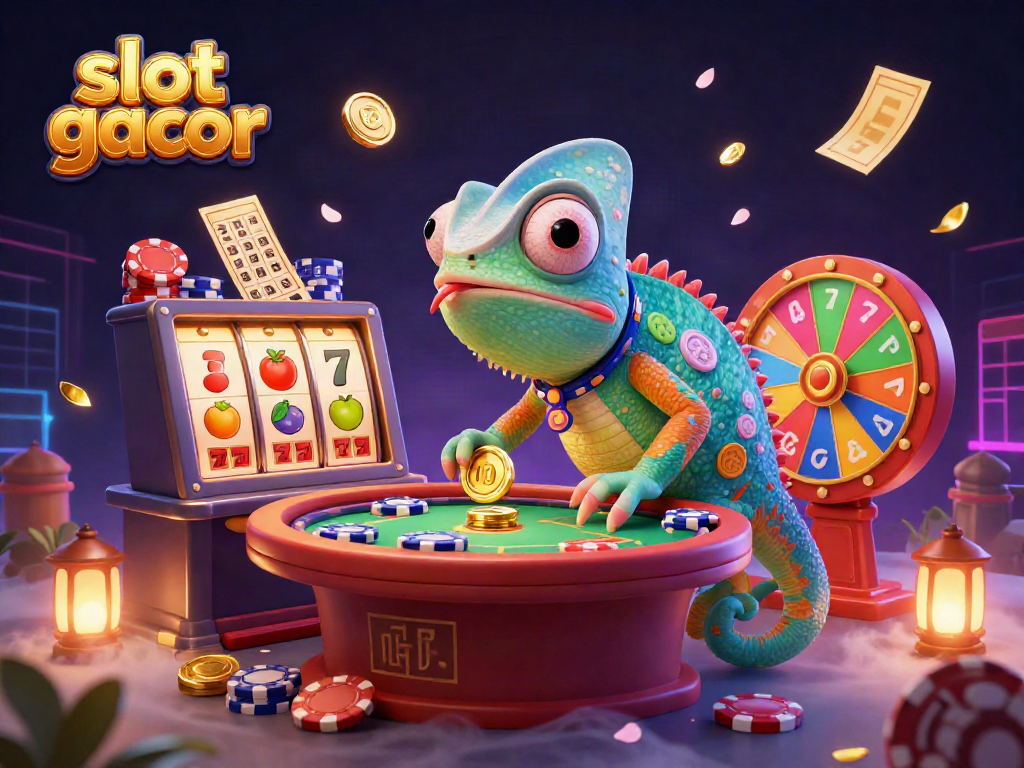 Engaging 3D illustration showcasing the slot gacor universe with a colorful chameleon casino owner surrounded by vibrant slots and elements.
