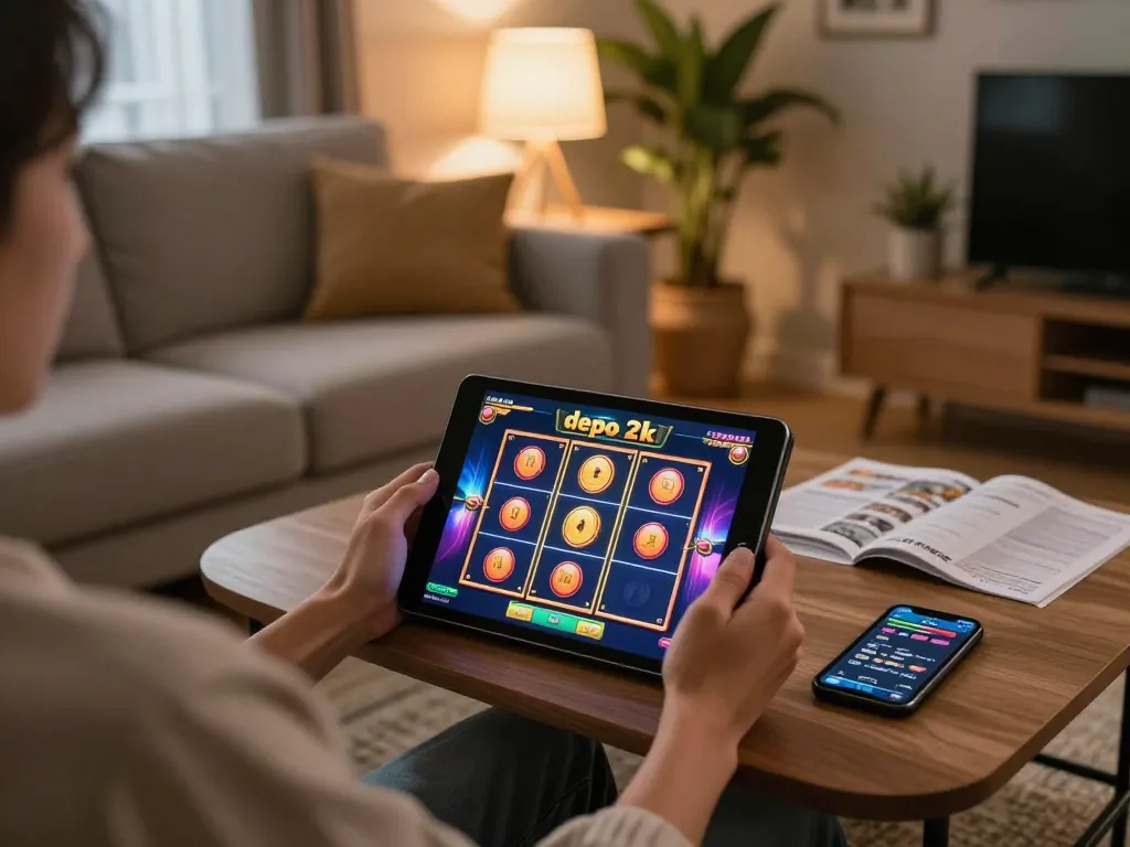 Person enjoying slot depo 2k online gaming on a tablet in inviting living room setting