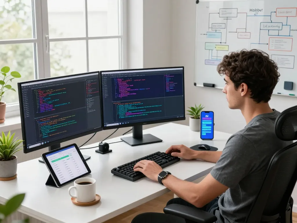 Moltbot AI enhancing productivity in a vibrant tech workspace with developer coding amidst multiple screens and modern equipment.