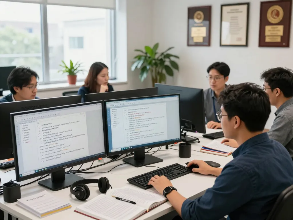 在现代办公室工作的翻译员使用有道翻译进行协作和专业翻译解决方案。