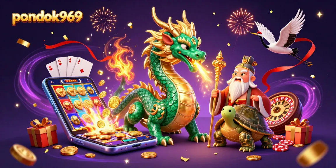Pondok969 features a vibrant 3D illustration with a jade dragon and casino elements igniting excitement for players.