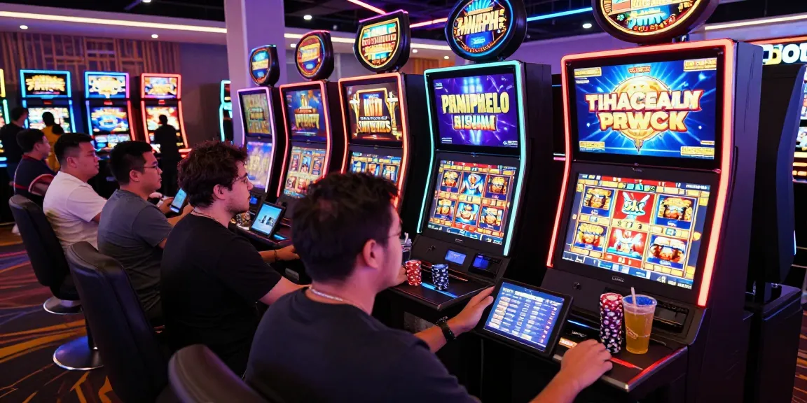 Group of players enjoying slot 5k games in a vibrant casino atmosphere, engaging with colorful machines and digital interfaces.