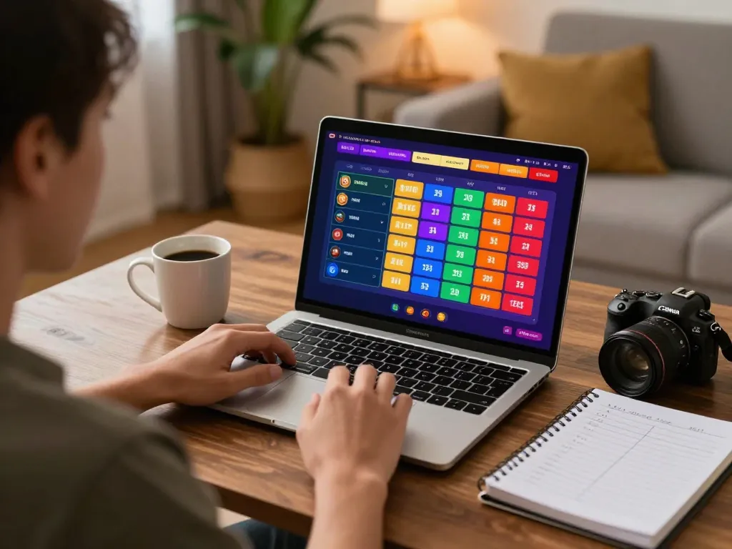 Engaging with agen toto online gaming platform on a laptop in a cozy home setting
