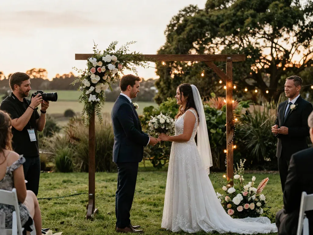 Documentary wedding photographer in Dunedin capturing a couple's emotional vows amidst a beautiful outdoor setting at sunset.