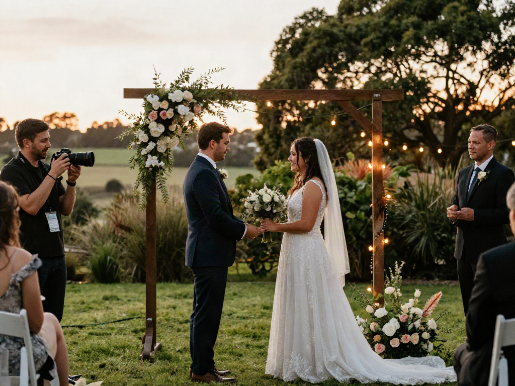 Documentary wedding photographer in Dunedin capturing a couple's emotional vows amidst a beautiful outdoor setting at sunset.