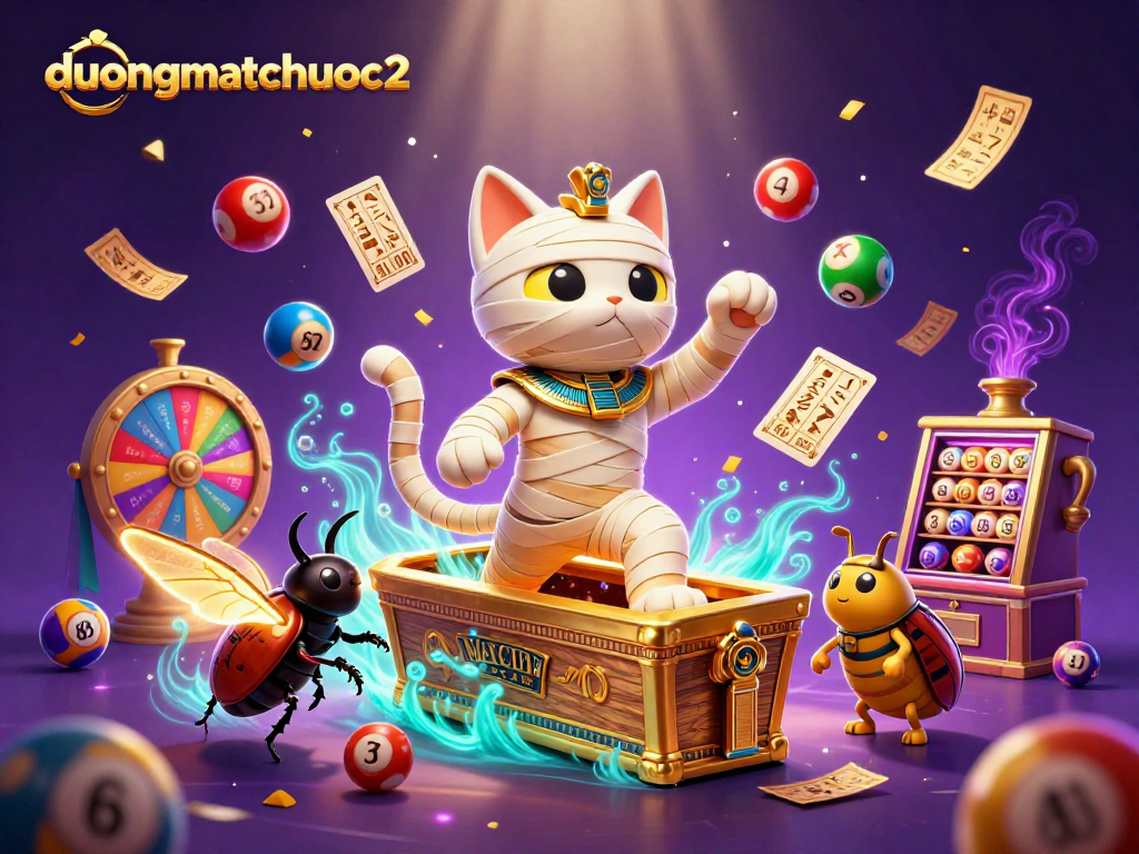 Play duongmatchuoc2 by a cartoon mummy cat and scarab beetle in a vibrant casino scene.