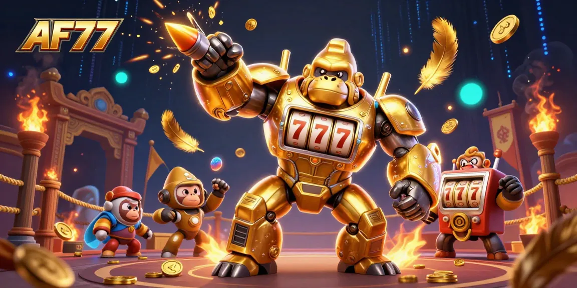 Engage with AF77's thrilling world of gaming through a vibrant 3D illustration showcasing excitement and action.