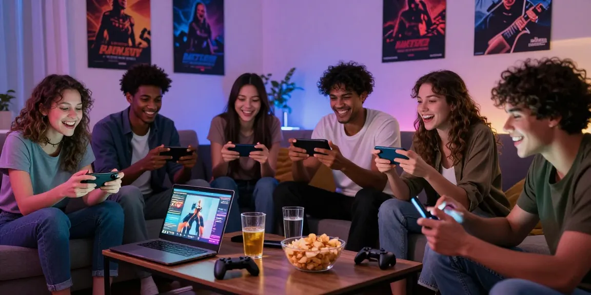 Excited friends playing porngame on various devices in cozy living room.