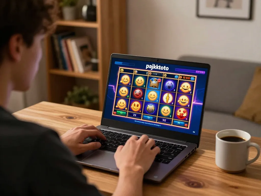Player enjoying pajaktoto online gaming on laptop with vibrant slot interface in cozy home setting.