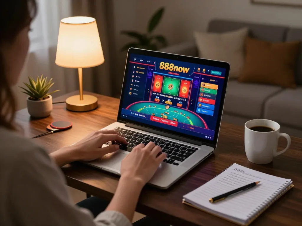 Player engaging with 888now online betting platform in a cozy home setting