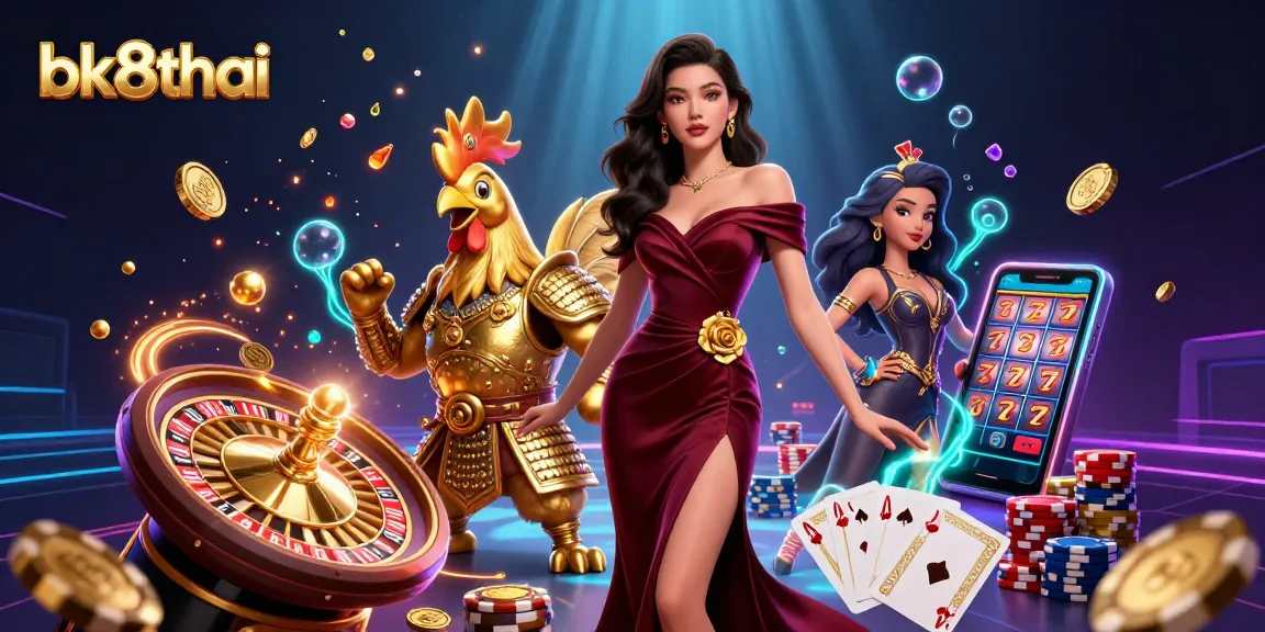 Engage in dynamic action with bk8thai's vibrant casino scene featuring glamorous characters and thrilling gaming elements.