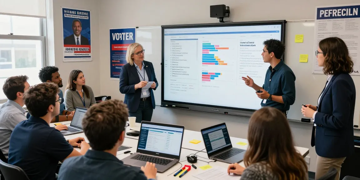 Engaged campaign fundraising consultant strategizing in a dynamic political team setting.