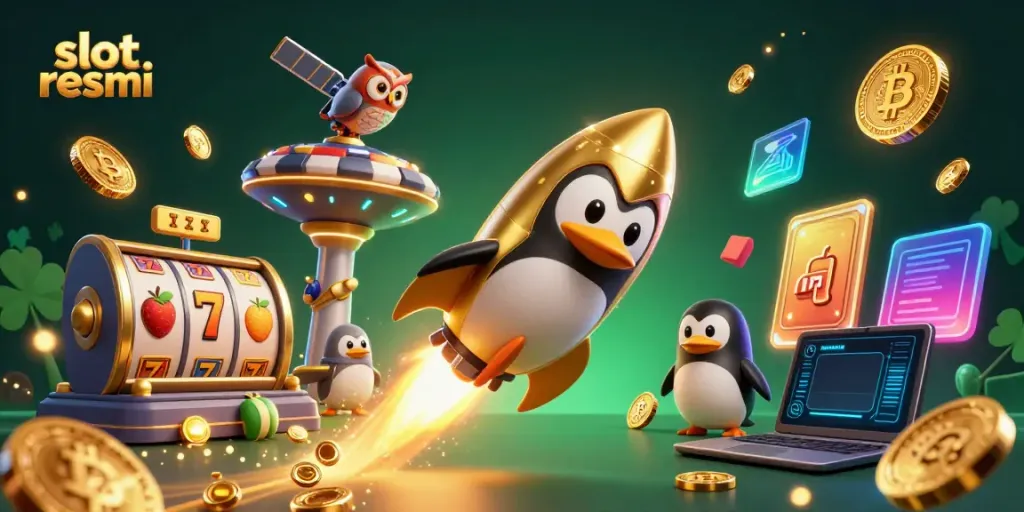 Experience the excitement of slot resmi with a dynamic 3D penguin and casino characters in space.
