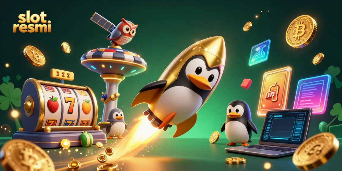 Experience the excitement of slot resmi with a dynamic 3D penguin and casino characters in space.