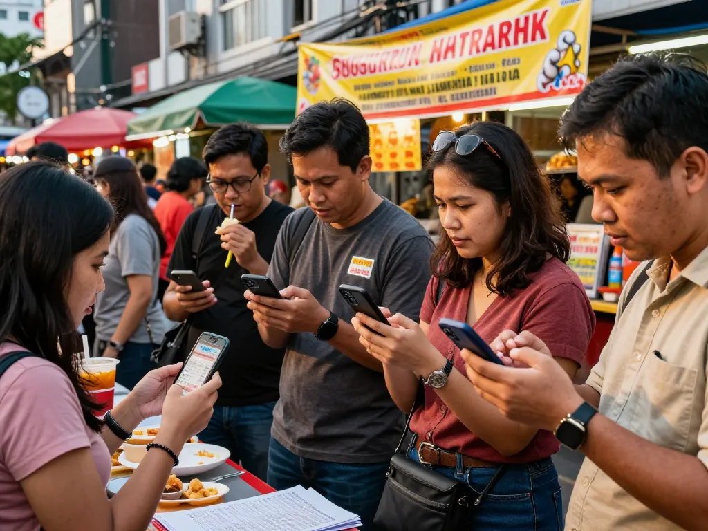 People excitedly checking Keluaran HK results in a vibrant street market.