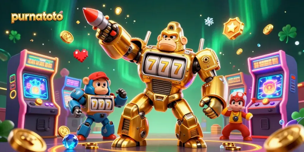 Memenangkan permainan dengan purnatoto melalui ilustrasi 3D yang menampilkan karakter gorila mekanik dari slot mesin dan elemen kasino yang interaktif.
