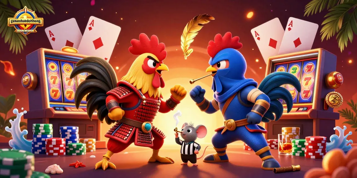 Exciting gamenohudoithuong scene with fighting roosters, slot machines, and poker elements.