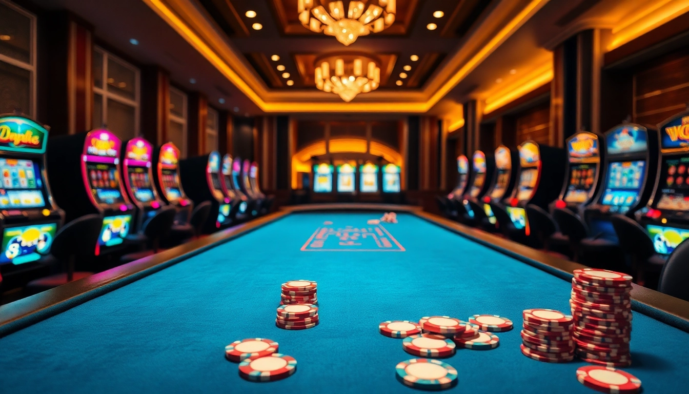 Menggunakan agen89 di meja permainan kasino dengan poker chip berkilau dan suasana ceria.