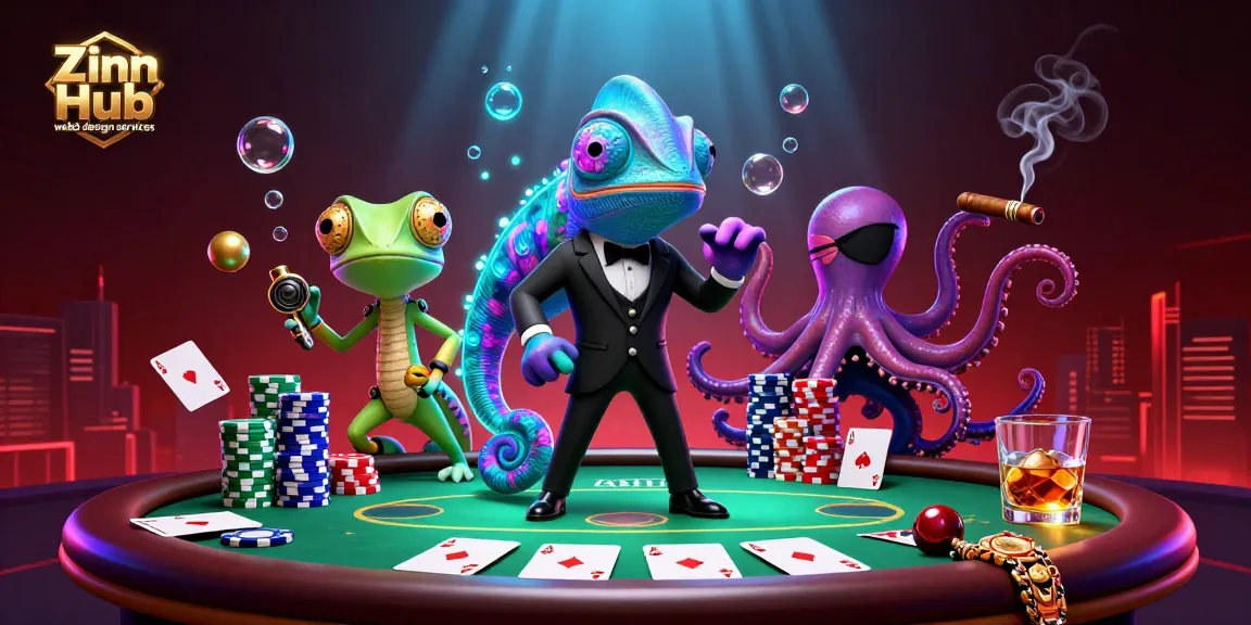 Zinn Hub web3 design services elevate poker visuals, showcasing characters at a vibrant casino table.