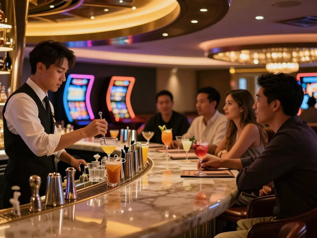 LC99 invites players to enjoy cocktails at a stylish casino bar.