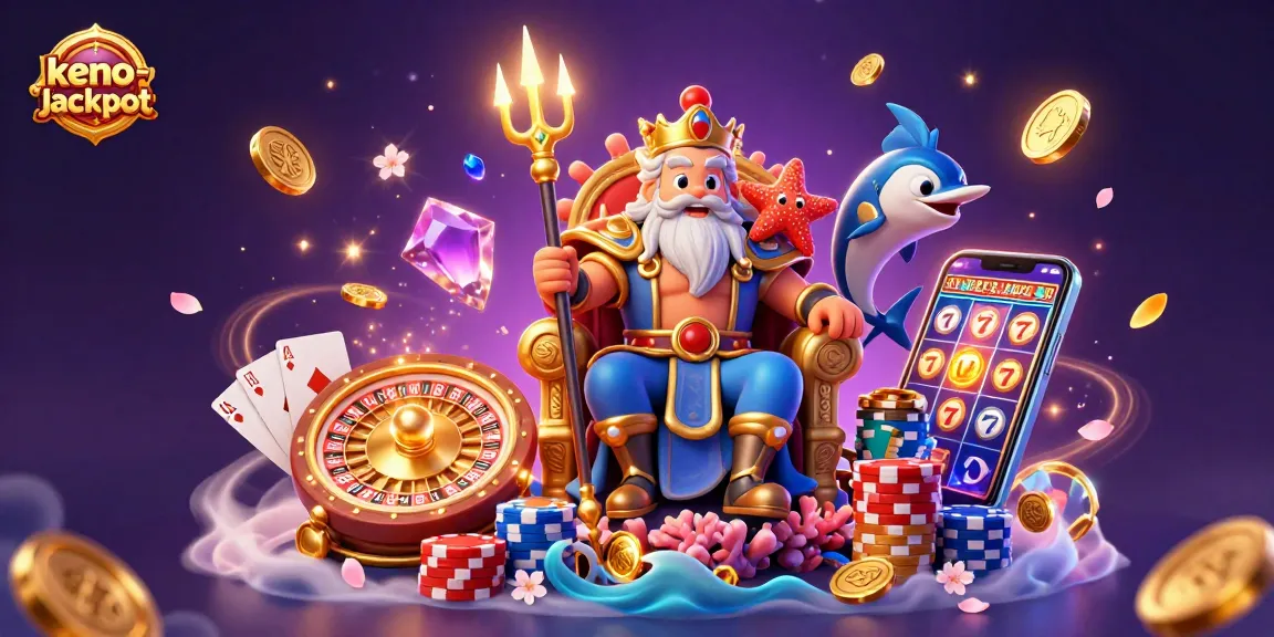 Keno-jackpot illustrates Neptune and samurai in a vibrant casino scene with dynamic game elements.