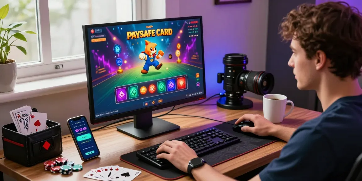 Spieler genießt ein spannendes Paysafe Card Casino-Erlebnis zu Hause, umgeben von Gaming-Ausrüstung und lebendigen Visualisierungen.