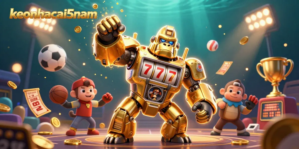 Experience thrilling actions with keonhacai5nam as the golden gorilla mech punches upward, surrounded by sports elements.