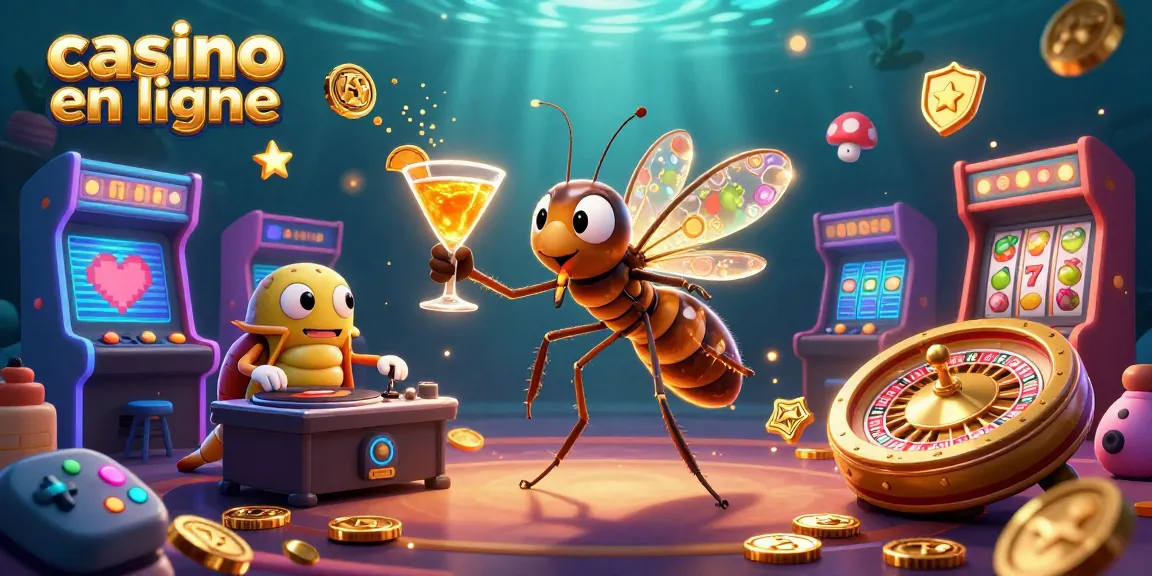 Jouez au casino en ligne avec cette scène dynamique de personnages 3D illustrés, incluant un moustique mascotte et un DJ trilobite.