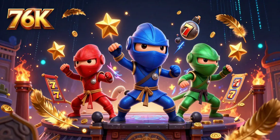 Engage with 76K's stunning gaming experience, featuring vibrant chameleon ninjas surrounded by slot games and golden tokens.