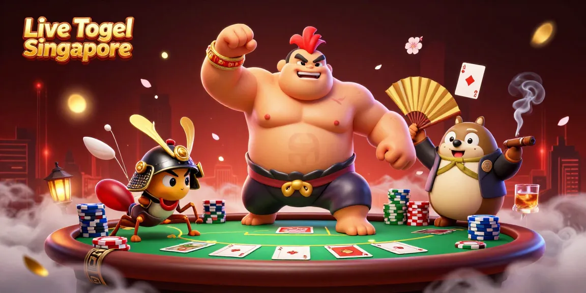 Engage with Live Togel Singapore's thrilling action, featuring powerful characters at a vibrant poker table.
