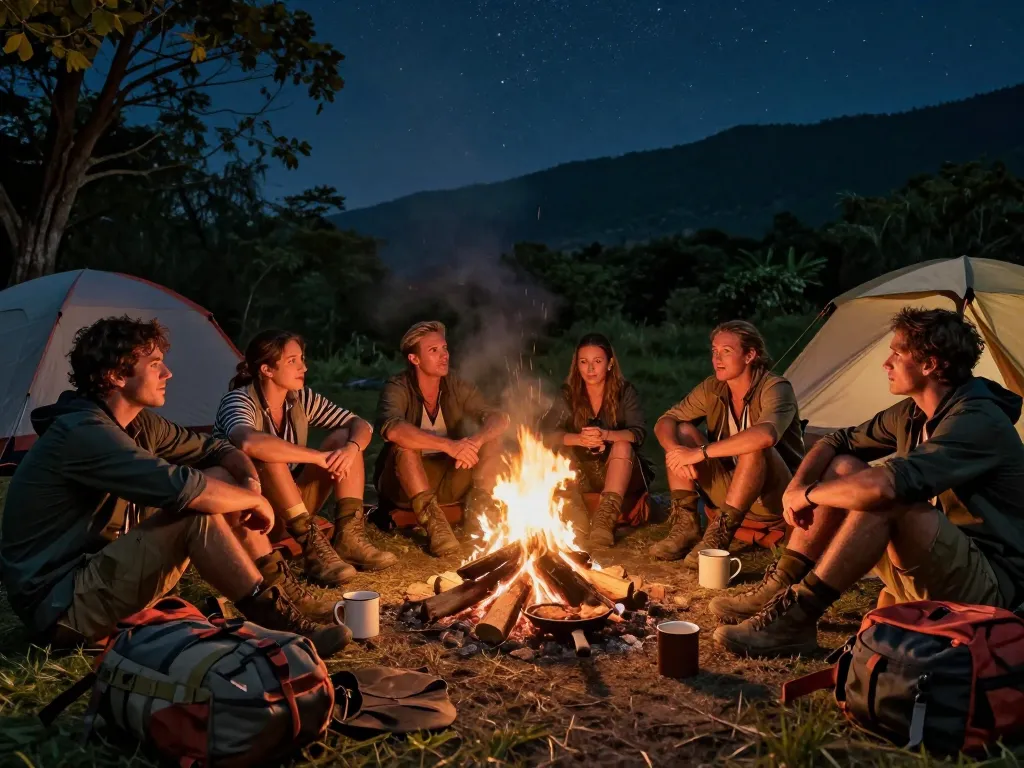 Survivor Turning contestants sharing stories around a campfire in a dynamic outdoor setting, showcasing survival gear and camaraderie.