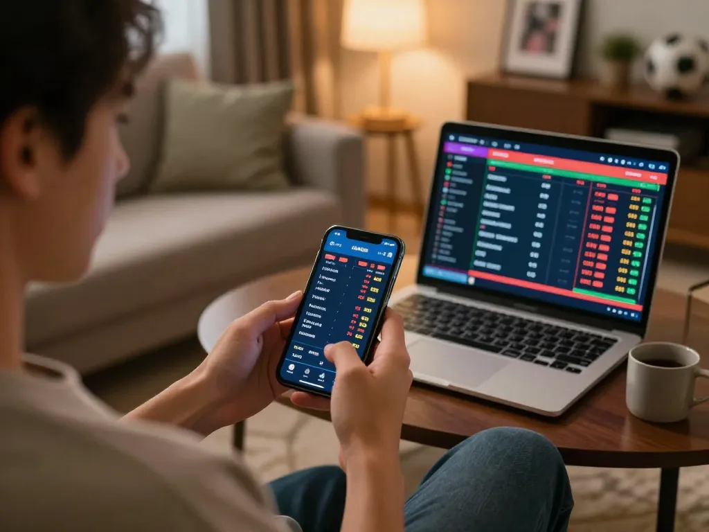 Engaged in sports betting on ta88 app, player analyzing live odds and statistics in a cozy setting.