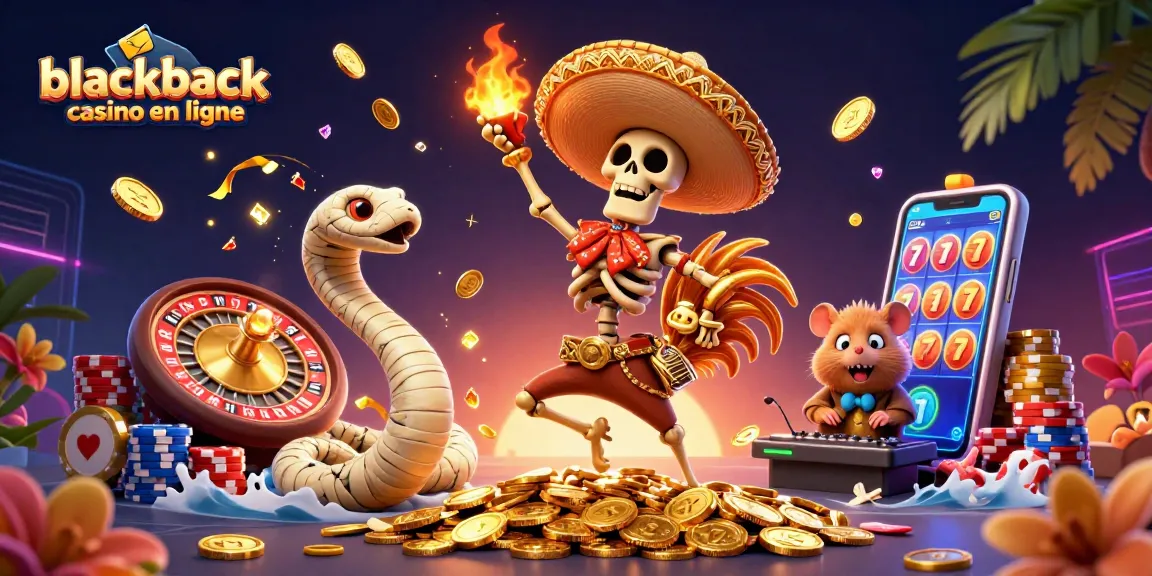 Jouez au blackjack casino en ligne avec des personnages colorés sur un fond dynamique rempli de pièces et de cartes.