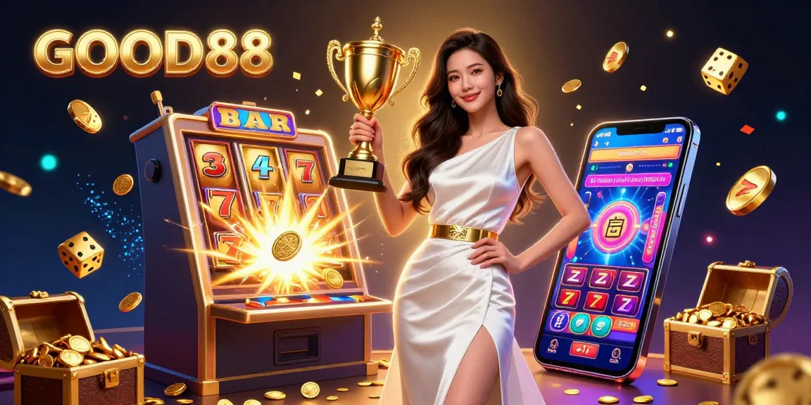 Unveil the excitement of GOOD88, showcasing a confident champion holding a trophy amidst vibrant casino elements.