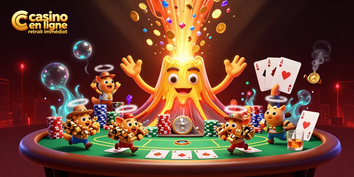 Retrait immédiat dans un casino en ligne : Eruption d'un volcan doré avec des animaux explorateurs et des jetons de poker.